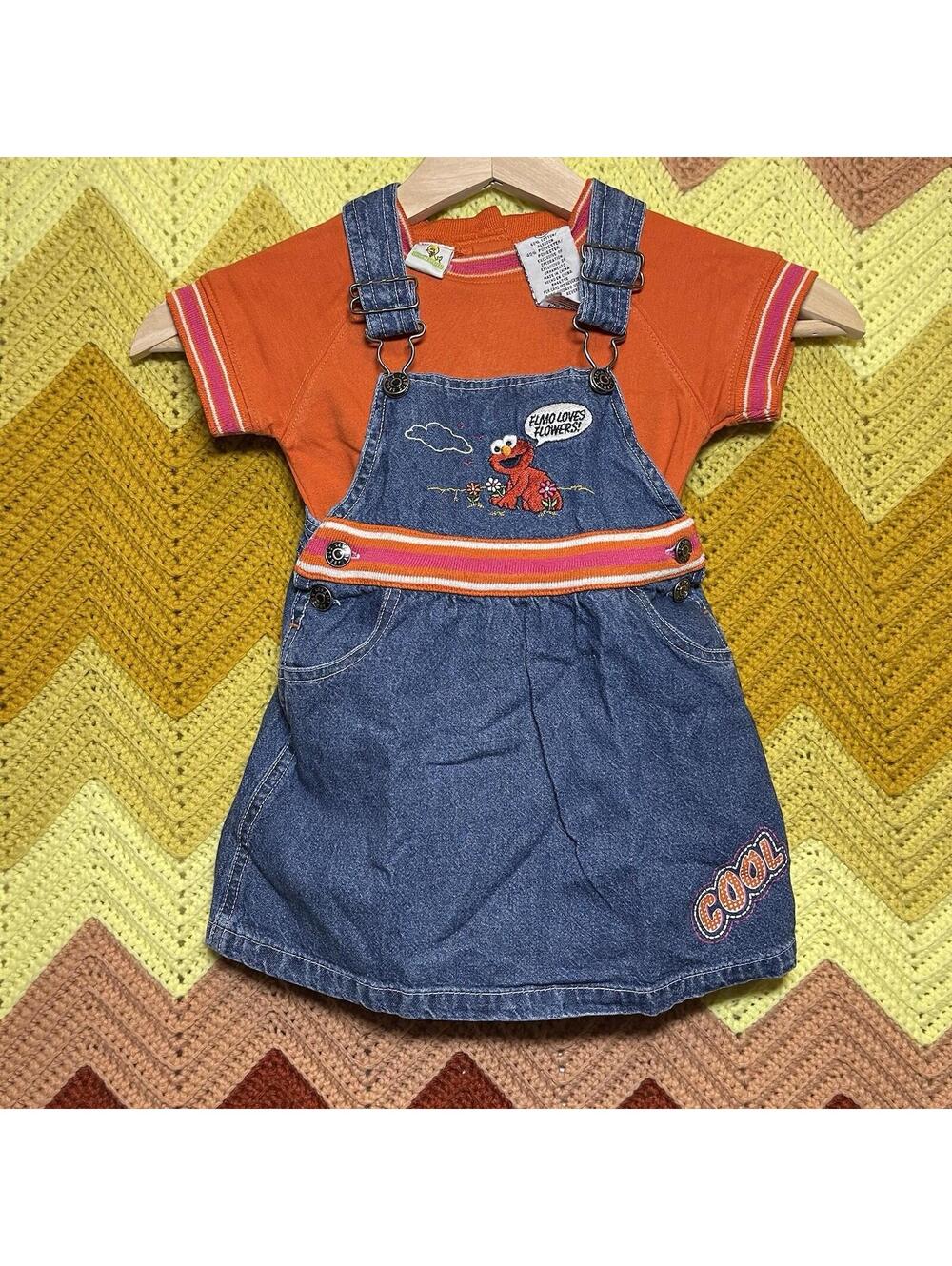 Vintage Sesame Street Elmo Denim Overall Dress- Elmo Loves Flowers- Toddler 18M